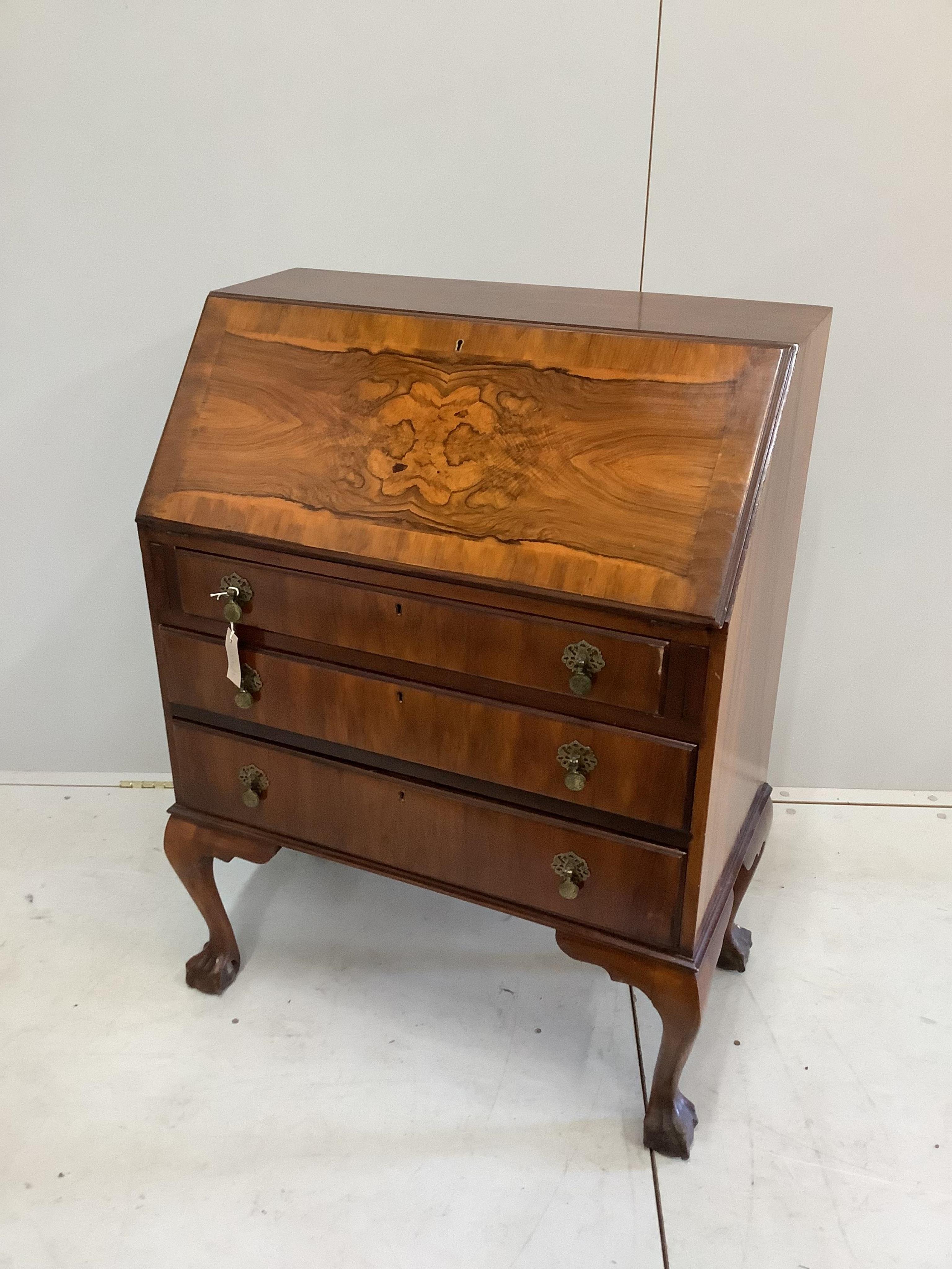 A Queen Anne revival figured walnut bureau, width 74cm, depth 41cm, height 98cm. Condition good